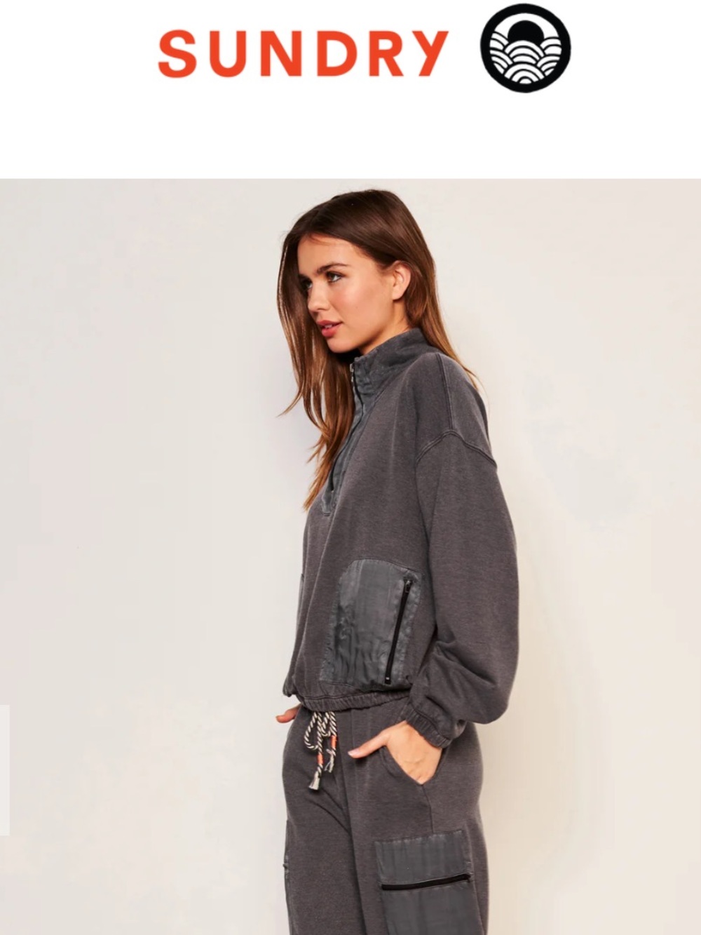 WOMEN'S SUNDRY MIXED MEDIA HALF ZIP POPOVER GREY SWEATSHIRT GORP-CORE PREPPY - Picture 3 of 12